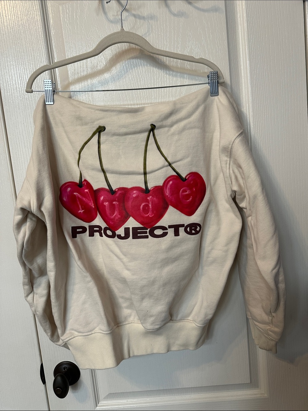 Y/Project Cream Hoodie Sweatshirt with Red Cherry Graphic & Green Stems Sz M